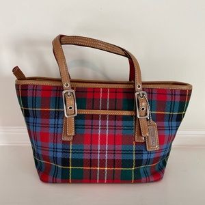 Coach plaid purse with leather trim